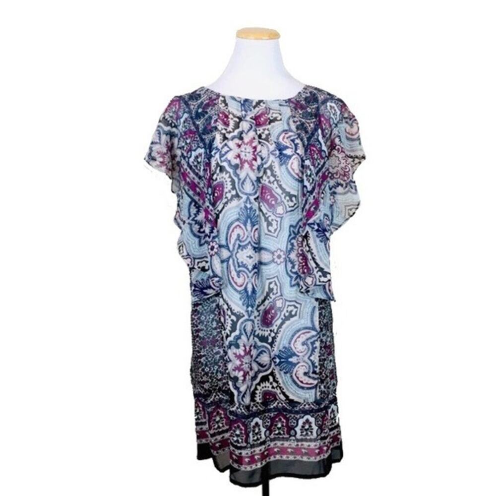 JOIE Vintage Silk Paisley Flutter Sleeve Sheer Shift Dress XS Ruffle Classic